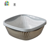 厨房塑料洗菜篮家用镂空洗菜盆菜篮子淘菜盆双层透明水果篮 FENGHOU 灰色方形大号2件套