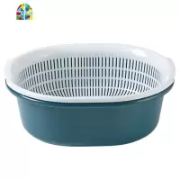双层镂空沥水洗菜篮家用蔬菜收纳篮厨房水果洗菜盆 FENGHOU 小号圆形深蓝