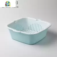 北欧双层沥水篮方形塑料果篮洗菜篮厨房淘菜筛菜盆水果盘子创意篮 FENGHOU 方形双层沥水篮[小号北欧蓝]