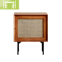 逸家伴侣实木床头柜小复古轻奢日式家具简约现代藤编收纳储物柜边沙发柜