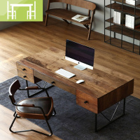 逸家伴侣北欧美式铁艺书桌带抽屉写字台复古创意实木老板办公桌电脑桌家用