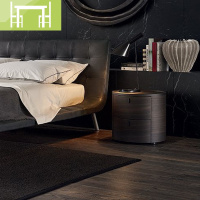 逸家伴侣意式极简床头柜现代简约圆形轻奢烟熏色实木北欧储物柜床边柜