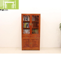 逸家伴侣实木书柜原木全实木带中式仿古榆木花玻璃书橱储物展示柜书架