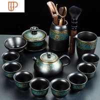 老段泥自动功夫黑陶家用懒人防烫石磨泡茶器白瓷旅行茶具 国泰家和 小花矮壶14头(六君子)