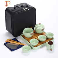 汝窑快客杯一壶两杯公道杯旅行茶具简约收纳便携旅行包功夫 国泰家和 粉青吉四杯套装