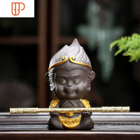 紫砂茶宠摆件精品可养孙悟空摆件齐天大圣茶具茶桌茶台茶艺小摆件 国泰家和 大号百战不殆(+金箍棒)-紫泥