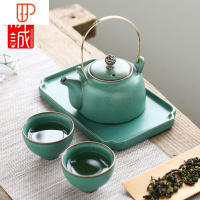 日式提梁壶茶壶家用简约功夫茶具一壶两杯陶瓷 国泰家和 圆梁壶一壶两杯+干泡盘[孔雀绿]