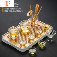 透明家用小套功夫茶台简约客厅红茶泡盘整套 国泰家和 玻璃+六君子+长方条纹旅行茶具12件套 12件