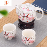 景德镇双层家用白瓷瓷功中式防烫杯隔热大容量旅行茶具杯 国泰家和 1壶2杯-双层-水点桃花(关注店铺优先发货)