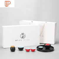 陶瓷日式功夫汝窑开片可养简约干泡旅行茶具家用整套礼盒 国泰家和 款式9:黑红祥云如意快客礼盒套组(珍珠白盒)