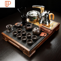 家用整块乌金石头实木旅行茶具小号全自动简约泡茶器排水茶台 国泰家和 17:神童静思-原矿色釉[金色全自动不锈钢] 2