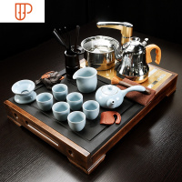家用整块乌金石头实木旅行茶具小号全自动简约泡茶器排水茶台 国泰家和 07:神童静思-汝窑侧把[金色全自动不锈钢] 2