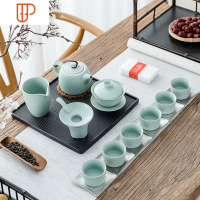 黑檀木旅行茶具整块实木平板排水办公茶台电木款简约功夫茶海 国泰家和 推崇茶器:陶圣居天青汝窑套装