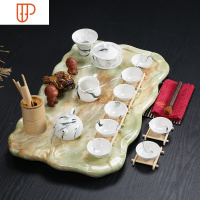 石头旅行茶具欧式家用简约现代石小茶台茶海仿大理石整套功夫 国泰家和 荷韵绿+水墨绿茶具