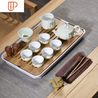 旅行茶具功夫釉下彩家用简约新中式竹制旅行茶具茶海 国泰家和 10头翡翠绿金色禅字壶白大长方套组 17件