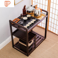 移动茶台茶车乌金石旅行茶具自动电磁炉家用茶水柜实木小茶桌 国泰家和 胡桃色石茶车+金炉龙井壶套装