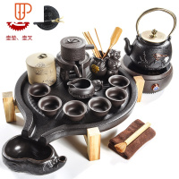 木质功夫实木旅行茶具石磨茶台茶海日式简约家用 国泰家和 黑陶石磨-禅龙自动铁壶煮茶套装