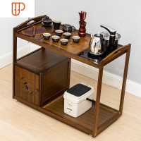 移动茶台家用小茶车茶桌功夫茶具茶盘套装一体客厅自动上水电磁炉 国泰家和 胡桃色带柜茶车+黑色全自动+黑陶手绘