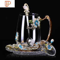 创意珐琅彩水杯水壶套装家用玻璃杯少女心杯子带勺带盖茶杯大 国泰家和 蓝蝴蝶菊高+珐琅勺+杯盖+托盘-简装