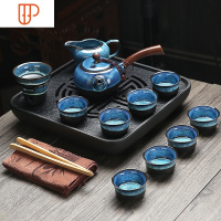 建盏家用办公室功夫陶瓷整套旅行茶具窑变礼品泡茶器喝茶 国泰家和 3282-14头蓝珀木柄侧把壶8平杯(方石盘巾夹