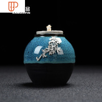 景德镇天目釉建盏镶鎏银陶瓷茶叶罐 小号曜变密封罐茶叶储存罐 国泰家和 蓝菲镶 菊花茶叶罐150茶具