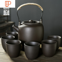 冷水壶大容量整套原矿紫砂提梁壶功夫家用复古泡旅行茶具 国泰家和 麻绳把手-一壶六杯