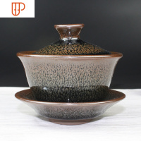 建阳铁胎建盏盖碗油滴兔毫菊花鹧鸪斑大号三才盖碗品茗茶杯茶具 国泰家和 鹧鸪盖碗 随机送一口杯