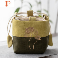 茶具收纳袋子棉麻刺绣布袋便携盖旅行茶具碗建盏旅行布包带杯袋 国泰家和 草绿&墨绿