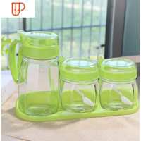 食品盒子玻璃便携调料瓶油壸器皿干调料收纳盒自助餐调味罐带把手 国泰家和 绿色_1油壶+2调味罐(送底座勺子