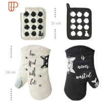 GREVY 烤箱手套防烫隔热加厚烘焙手套棉微波炉加长厨房家用高温 国泰家和 黑白猫鱼短款一双+垫子两只