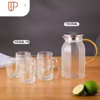玻璃冷水壶家用耐热可高温凉水壶凉白开水壶水杯套装大容量水瓶 国泰家和 A182八方锤纹1500ML+6个冰凌把杯200M
