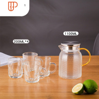 玻璃冷水壶家用耐热可高温凉水壶凉白开水壶水杯套装大容量水瓶 国泰家和 A183八方锤纹1100ML+4个冰凌把杯200M