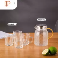 玻璃冷水壶家用耐热可高温凉水壶凉白开水壶水杯套装大容量水瓶 国泰家和 A183八方锤纹1100ML+4个冰凌把杯200M
