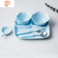 儿童餐盘陶瓷套装餐具创意家用小孩幼儿园学生食堂分格饭盘碗分隔 国泰家和 日韩 儿童款套装餐具5件套(蓝) 收藏送同色味碟