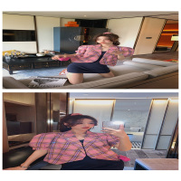 鱼爪粉色短袖格子外套女2020春季新款韩版时尚洋气裙子套装两件套气质