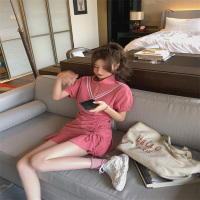 鱼爪纯色短袖可盐可甜连衣裙女2020春季新款韩版修身褶皱短裙减龄气质