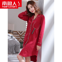 睡裙女春秋季纯棉喜庆红色长袖家居服本命年大码全棉翻领开衫睡衣