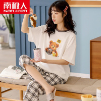 南极人睡衣女夏季薄款纯棉两件套装短袖七分裤小熊女士家居服夏天