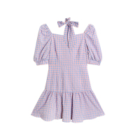 鱼爪学院风紫色方领格子连衣裙女春秋2020新款法式复古泡泡袖百褶短裙