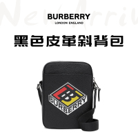 巴宝莉(BURBERRY)黑色男包徽标图案皮革男士斜挎包单肩包8022318