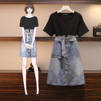 大码女装胖mm显瘦套装2020年春季减龄心机上衣T恤牛仔连衣裙遮肚