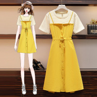 2020夏装新款大码女装胖妹妹拼接收腰显瘦遮肉假两件网红连衣裙女