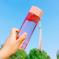 便携夏天网红ins风塑料水杯女学生韩版小清新男防摔磨砂随手杯子 粉透明多边形380ml 单个杯子(无赠品)