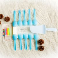一次性刀叉餐具生日蛋糕刀叉餐盘勺叉子盘子刀叉三合一餐具四合一 10勺10盘1刀1蜡-50套蓝色