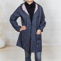 男女按扣成人罩衣轻度防水防油烟围裙厨房长袖连帽工厂大人工作服 浅黑蓝格子 XL