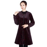 水晶绒罩衣大人女士冬季家用拉链围裙中长款保暖绒面加绒成人外套|黑底红点 XL码[111--130斤]