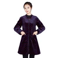 水晶绒罩衣大人女士冬季家用拉链围裙中长款保暖绒面加绒成人外套|蓝底红点 3XL码[151--170斤]