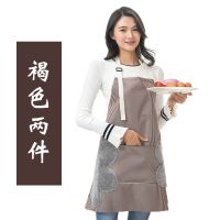 内衬加厚擦日式擦手围裙防水防热手巾防油套装皮制韩版围裙pvc|褐色两件 条纹围裙+袖套套装[无擦手巾]