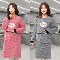 纯棉厨房围裙长袖家用做饭防油污围腰罩衣时尚外套罩衫男女工作服|[红+黑]两件特惠装 刺绣黑猫[罩衣]