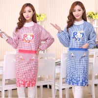 时尚纯棉工作背带家用厨房防油污夏天围裙女上班工作服|[红+蓝]两件装 小女孩[防水罩衣]